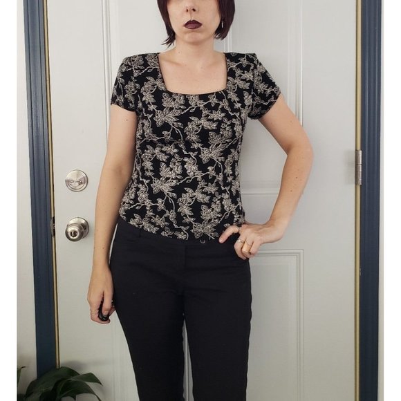 90s Black and Silver Glitter Square‎ Neck Tee - Picture 1 of 5